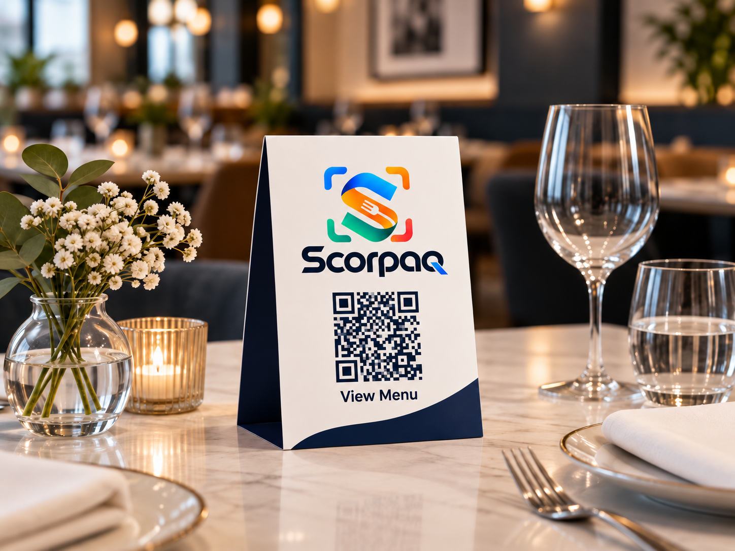 Scorpaq QR entry point for the menu on a restaurant table.