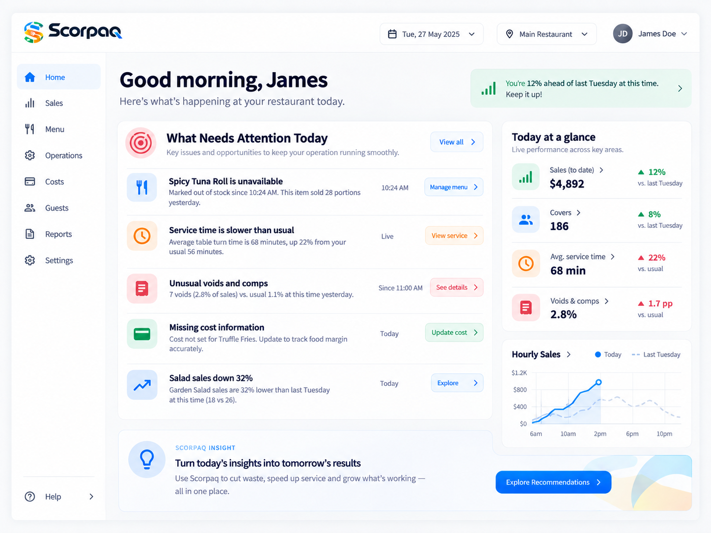 Scorpaq attention view highlighting stock, service time, voids, comps and missing cost information.