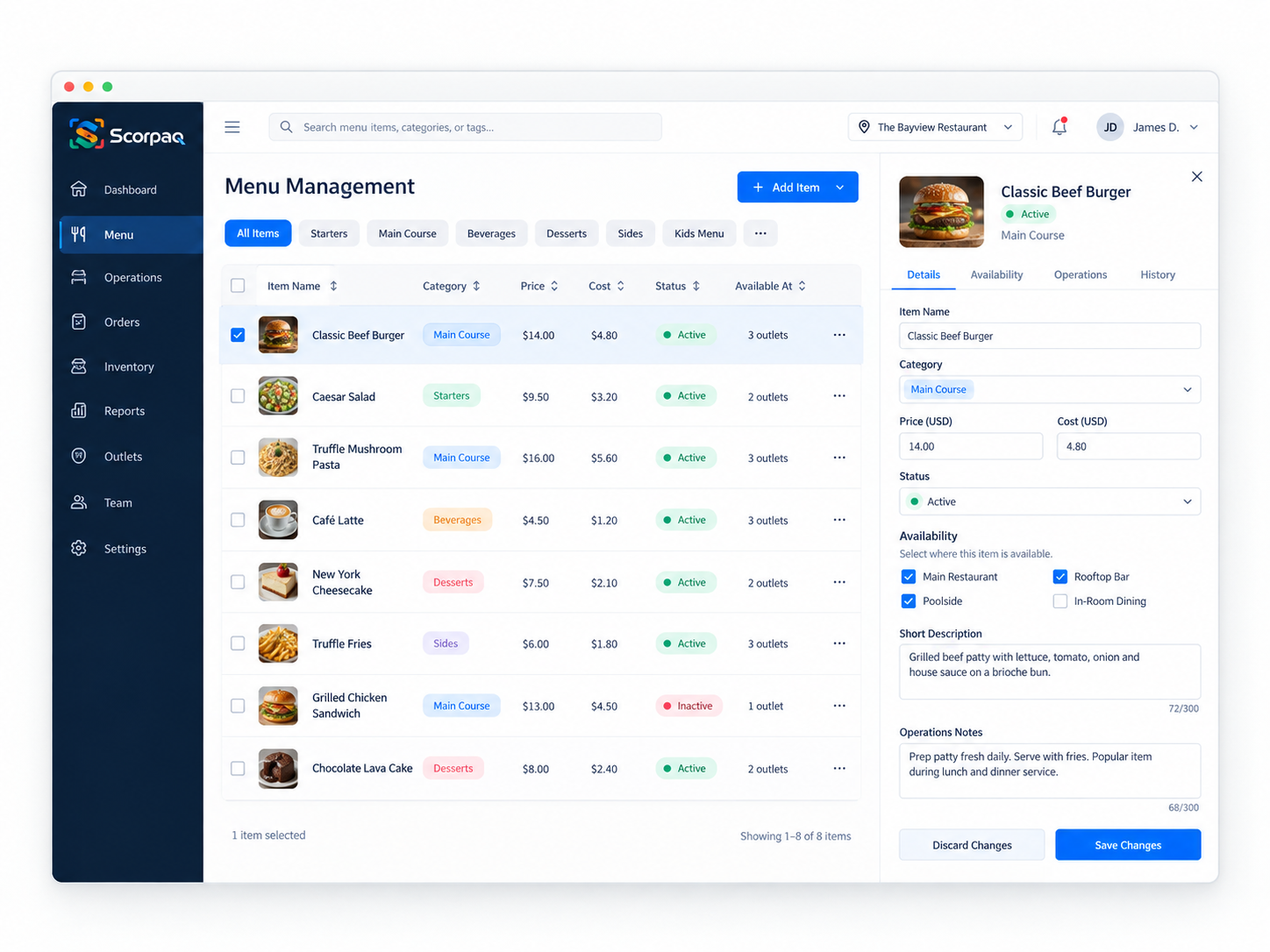 Scorpaq menu management interface showing categories, prices, costs, availability and service locations.