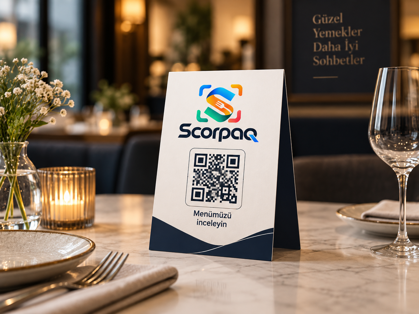 Restoran masasında menüye açılan Scorpaq QR giriş noktası.